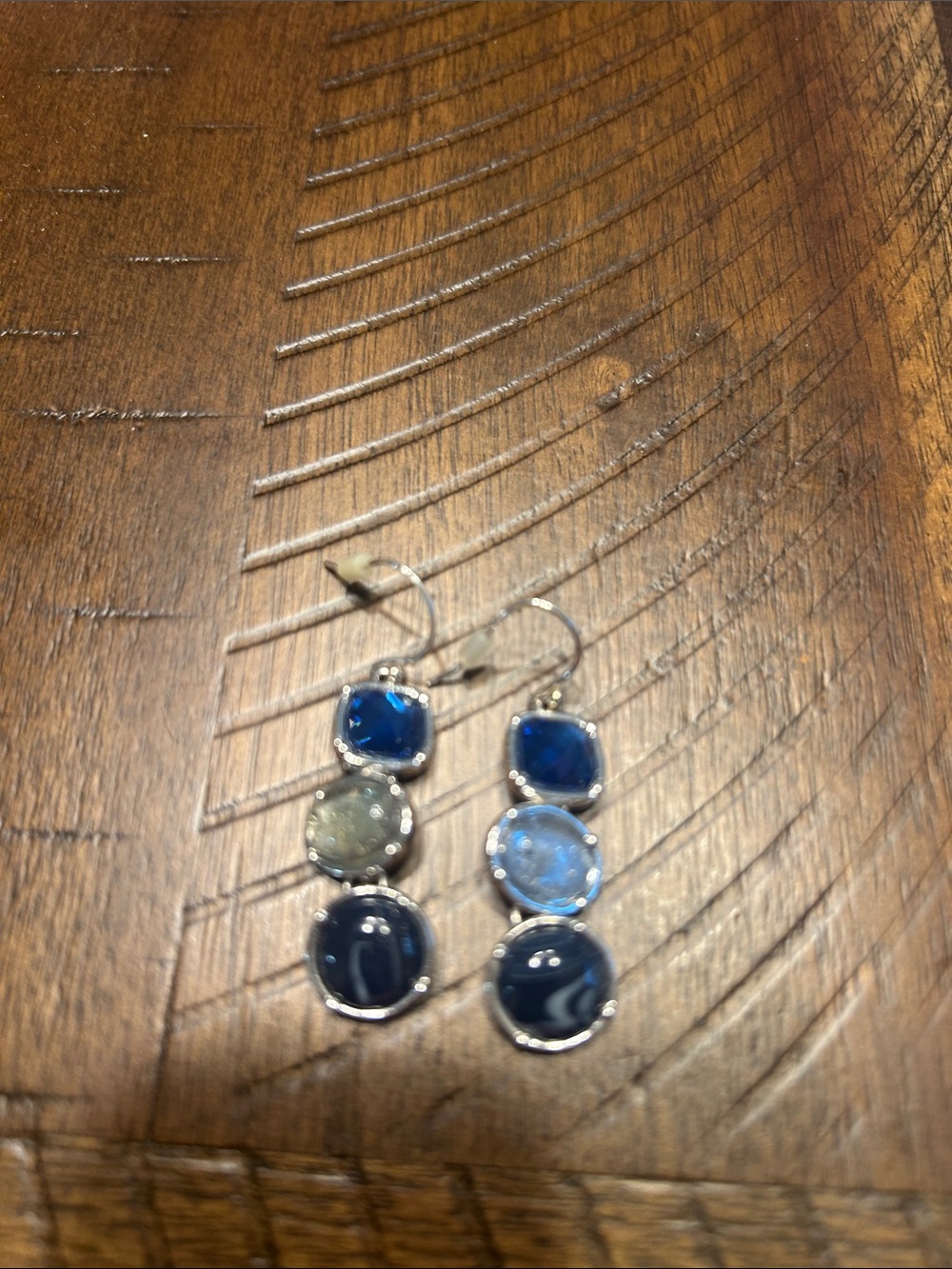Blue Triple-Stone Drop Earrings - Silver Tone